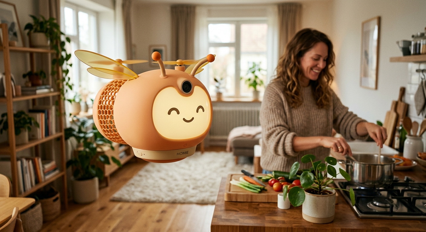 Homie cute bee-shaped flying companion in a cozy family home
